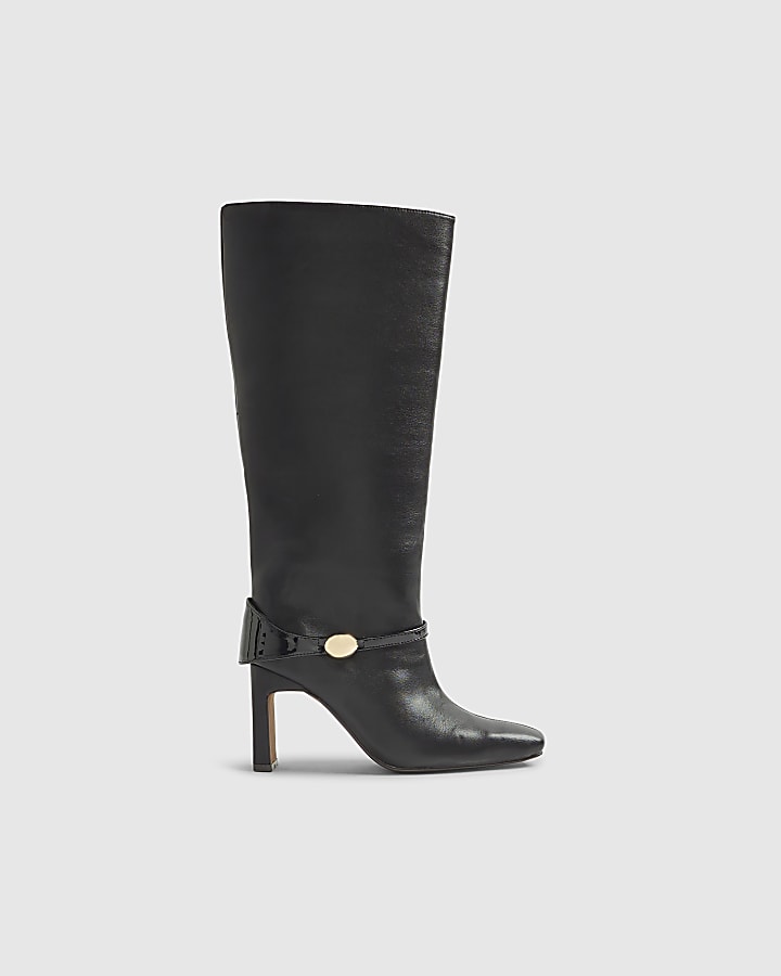 Black High Leg Gold Hardware Heeled Boots