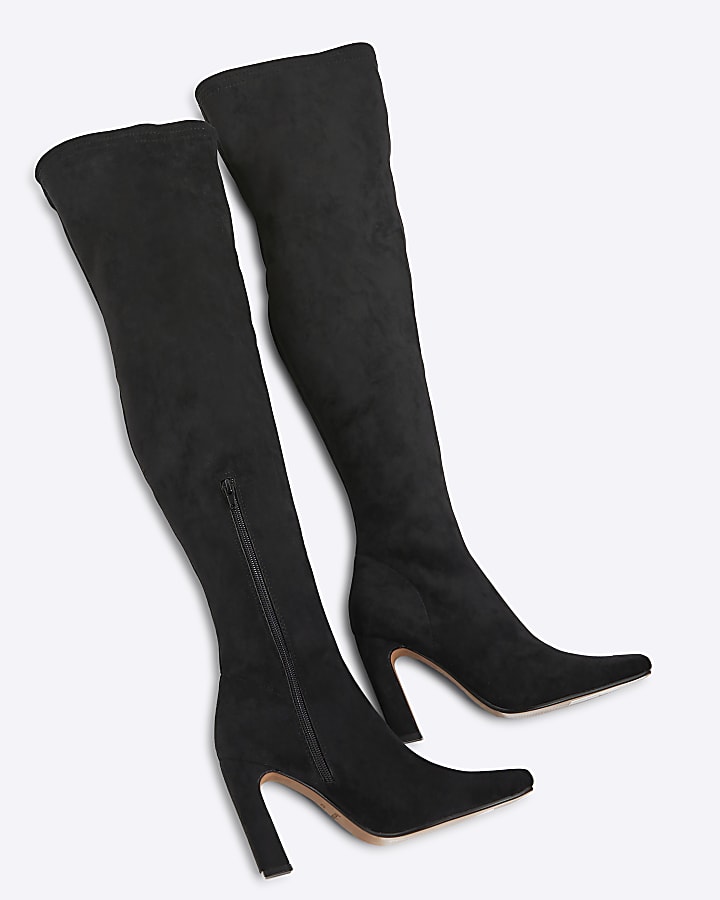 Black Thigh High Stretch Heeled Boots