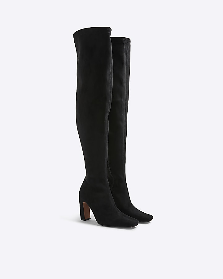Black Thigh High Stretch Heeled Boots