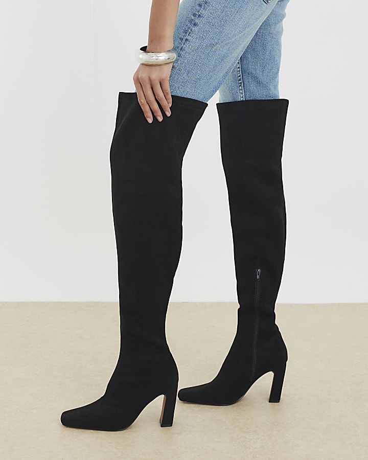 Black Thigh High Stretch Heeled Boots