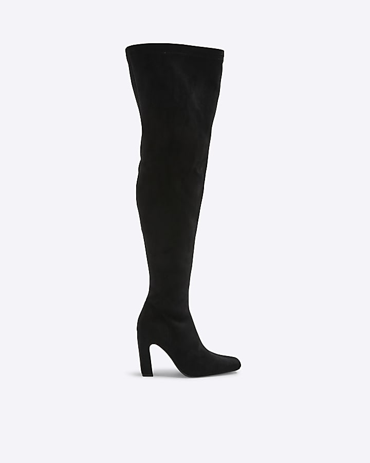 Black Thigh High Stretch Heeled Boots