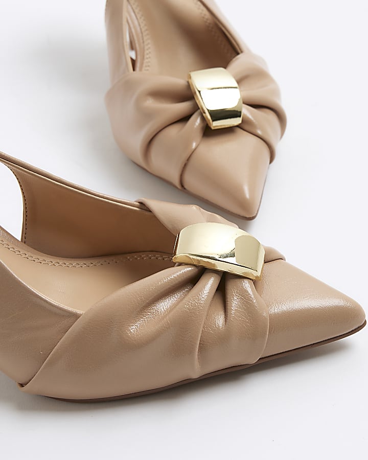 Beige Ruched Slingback Court Heels