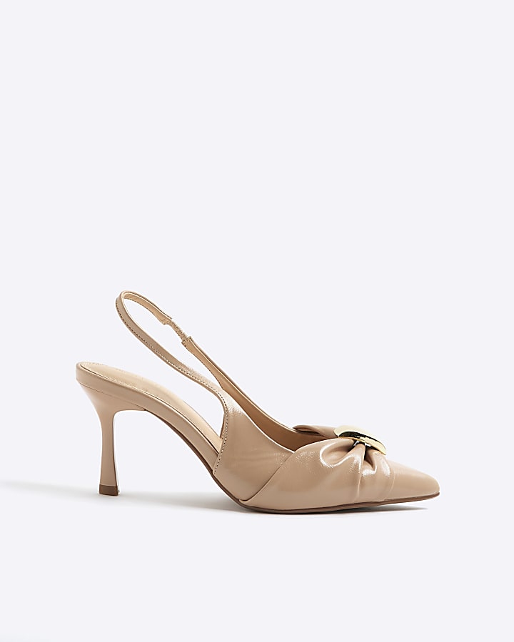 Beige Ruched Slingback Court Heels