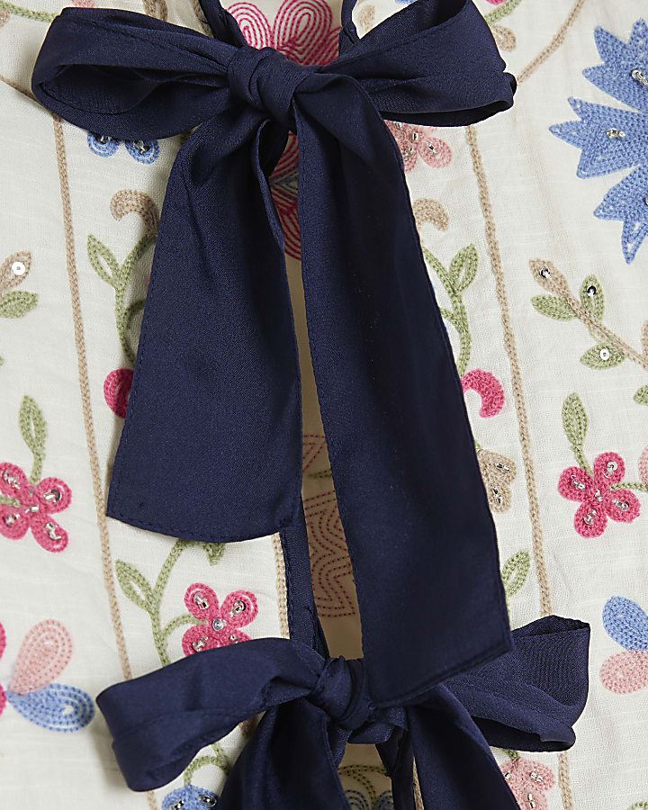 Cream Floral Embroidered Tie Front Jacket