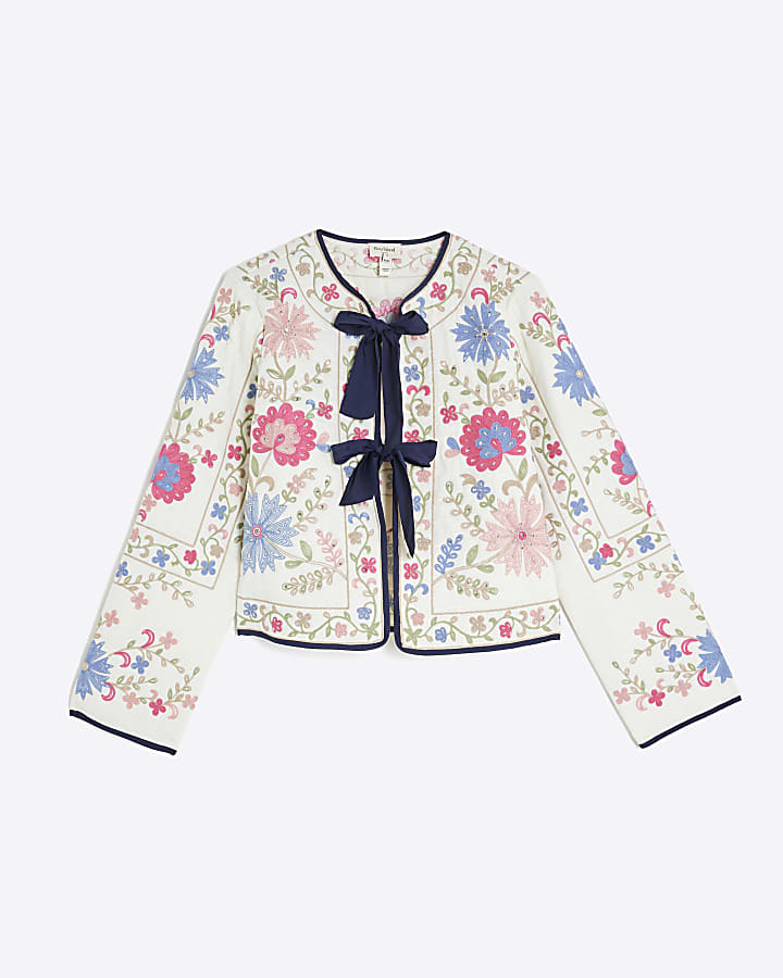 Cream Floral Embroidered Tie Front Jacket