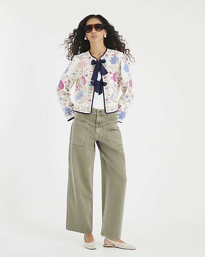 Cream Floral Embroidered Tie Front Jacket