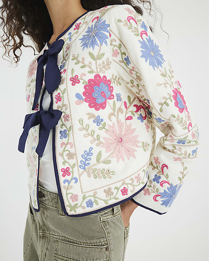 Cream Floral Embroidered Tie Front Jacket