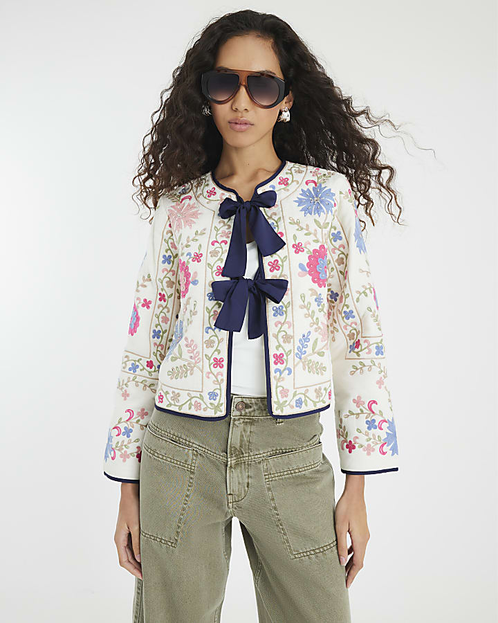 Cream Floral Embroidered Tie Front Jacket