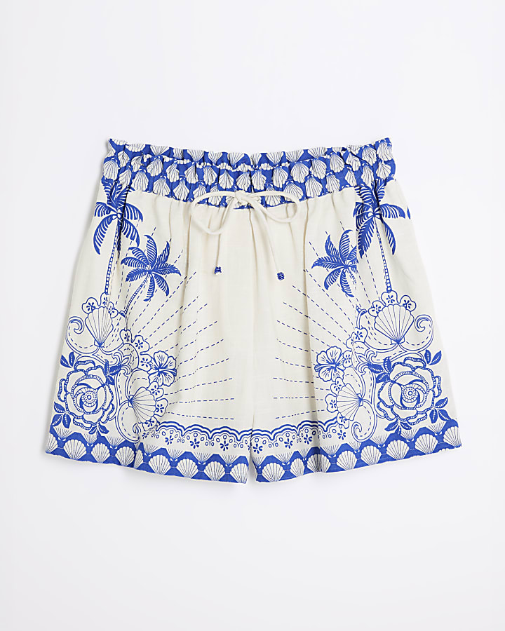 Blue Shell Printed Tie Waist Shorts