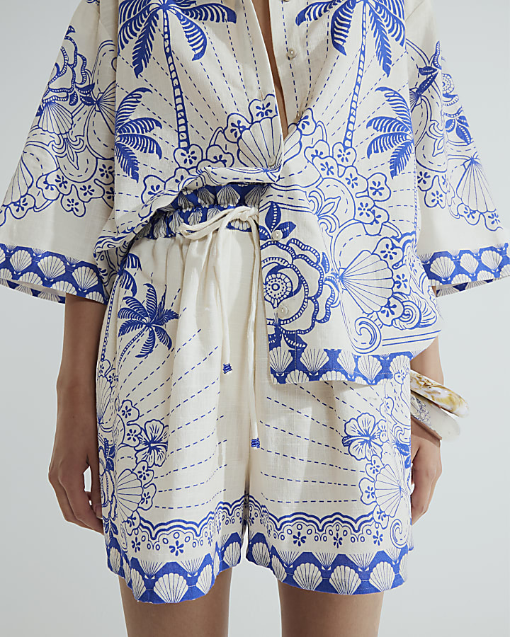 Blue Shell Printed Tie Waist Shorts