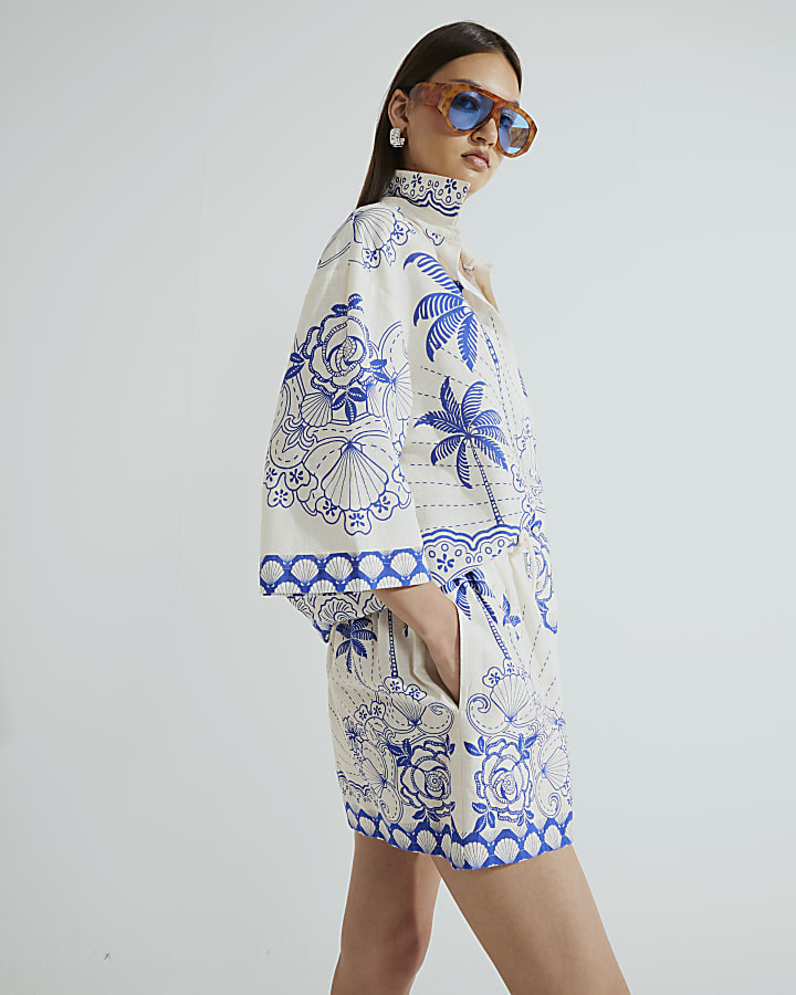 Blue Shell Printed Tie Waist Shorts