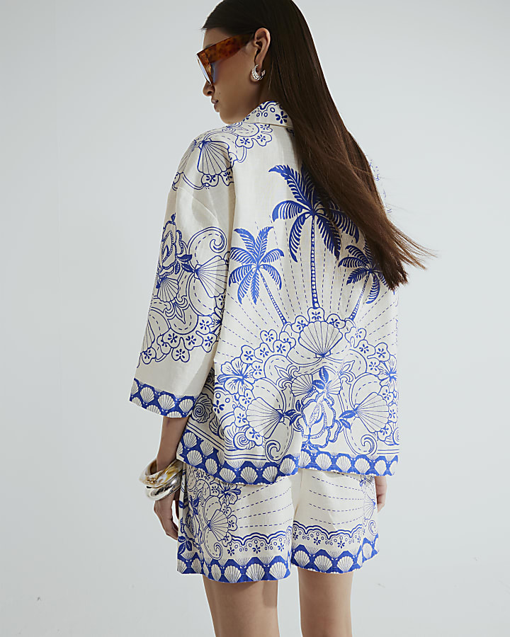 Blue Short Sleeve Boxy Fit Shell Print Shirt