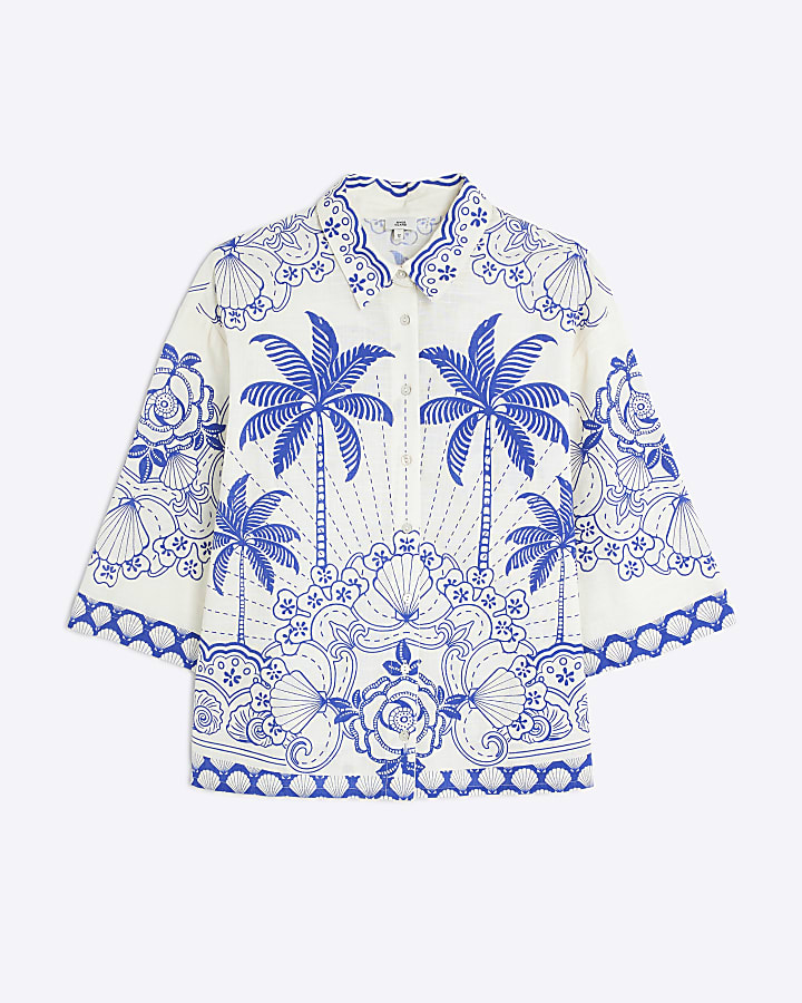 Blue Short Sleeve Boxy Fit Shell Print Shirt