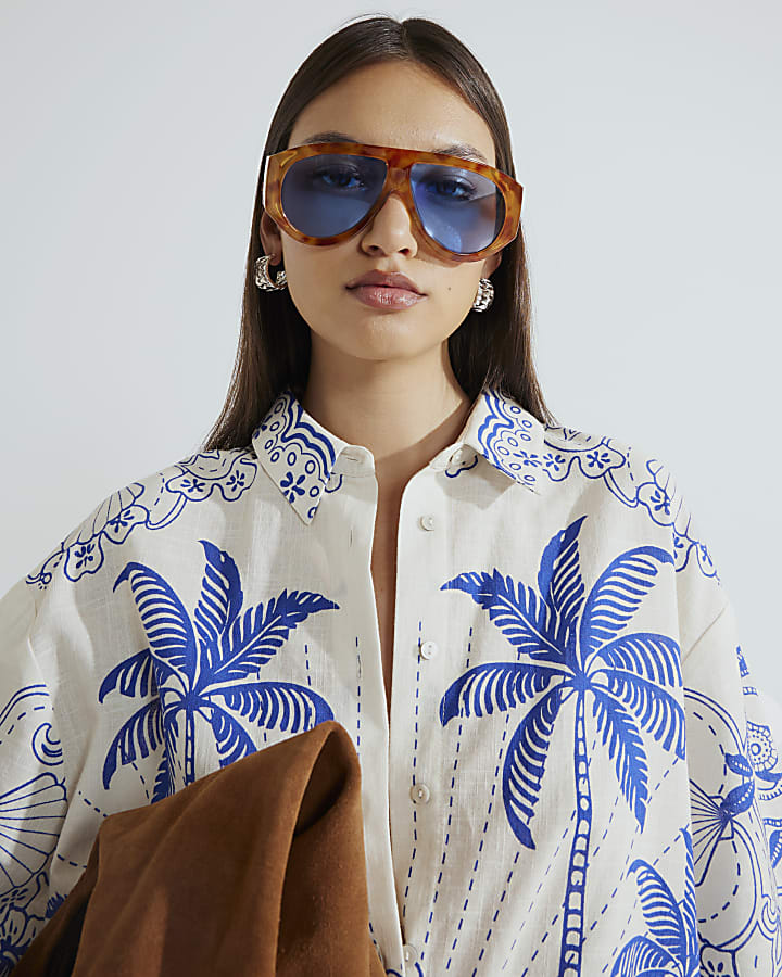 Blue Short Sleeve Boxy Fit Shell Print Shirt