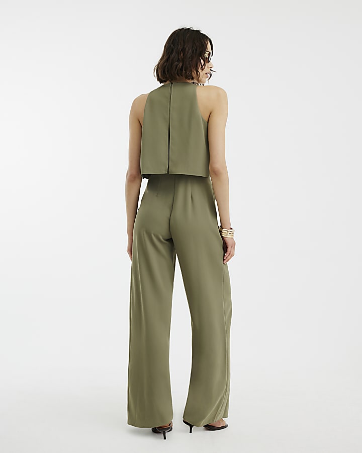 Khaki Layered Wide Leg Jumpsuit