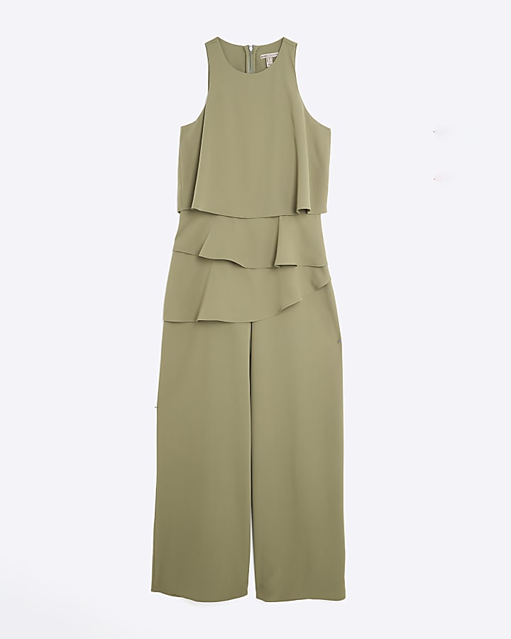 Khaki Layered Wide Leg Jumpsuit