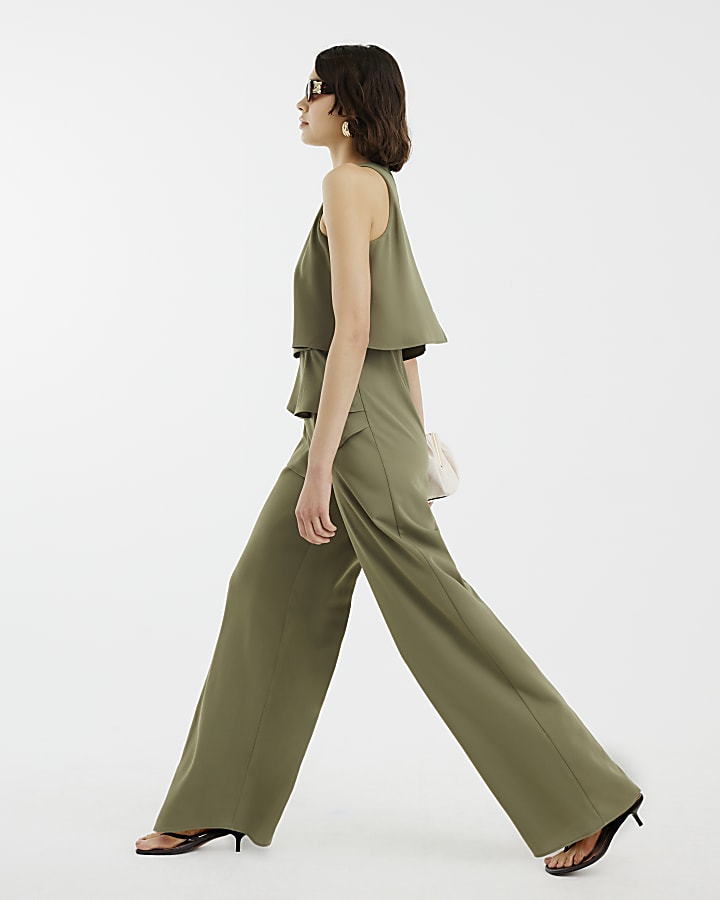 Khaki Layered Wide Leg Jumpsuit