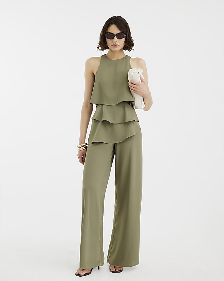 Khaki Layered Wide Leg Jumpsuit