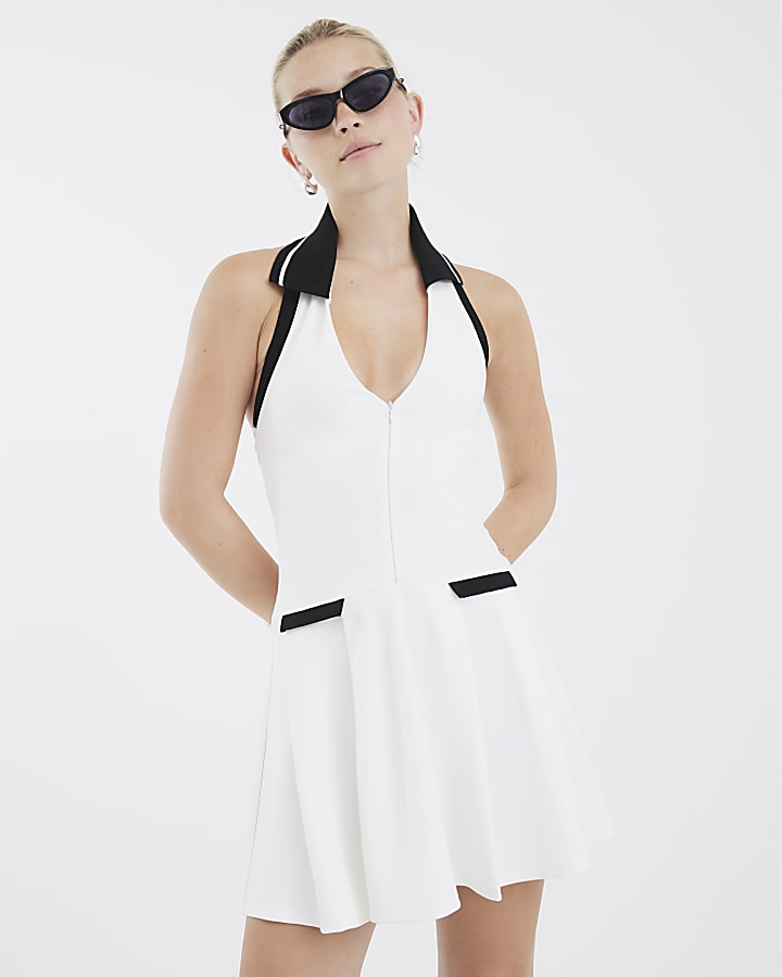 White Halter Neck Pleated Mini Dress
