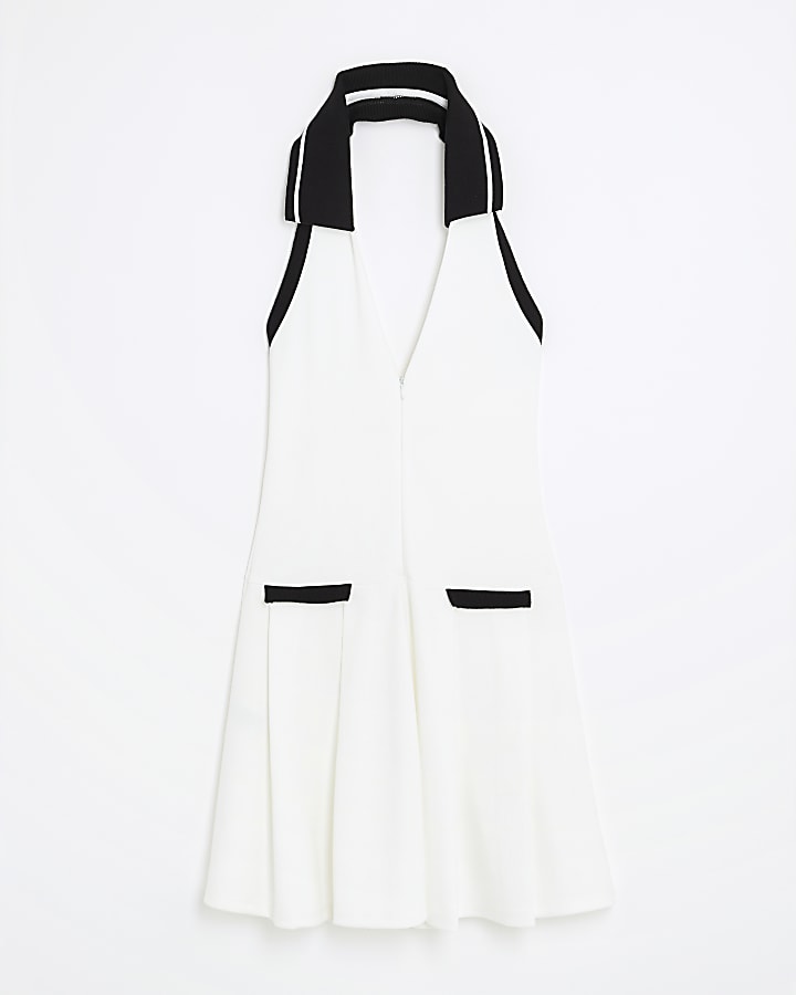 White Halter Neck Pleated Mini Dress