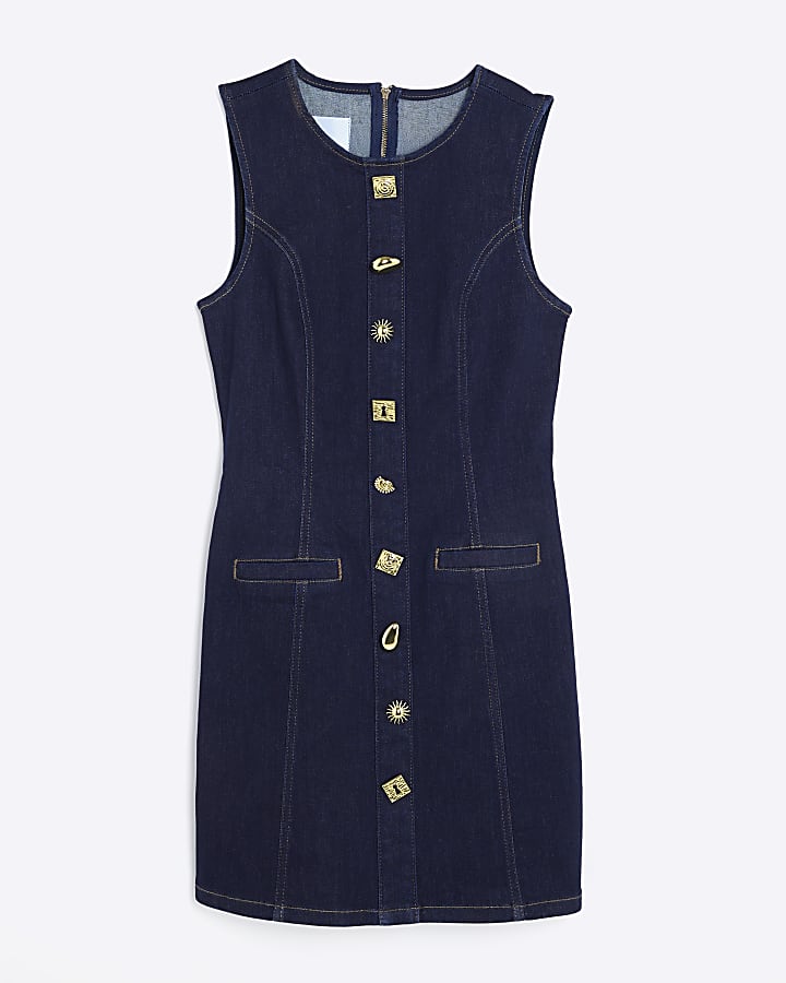 Blue Denim Sleeveless Button Mini Dress