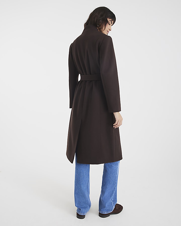 Brown Notch Collar Belted Wrap Coat