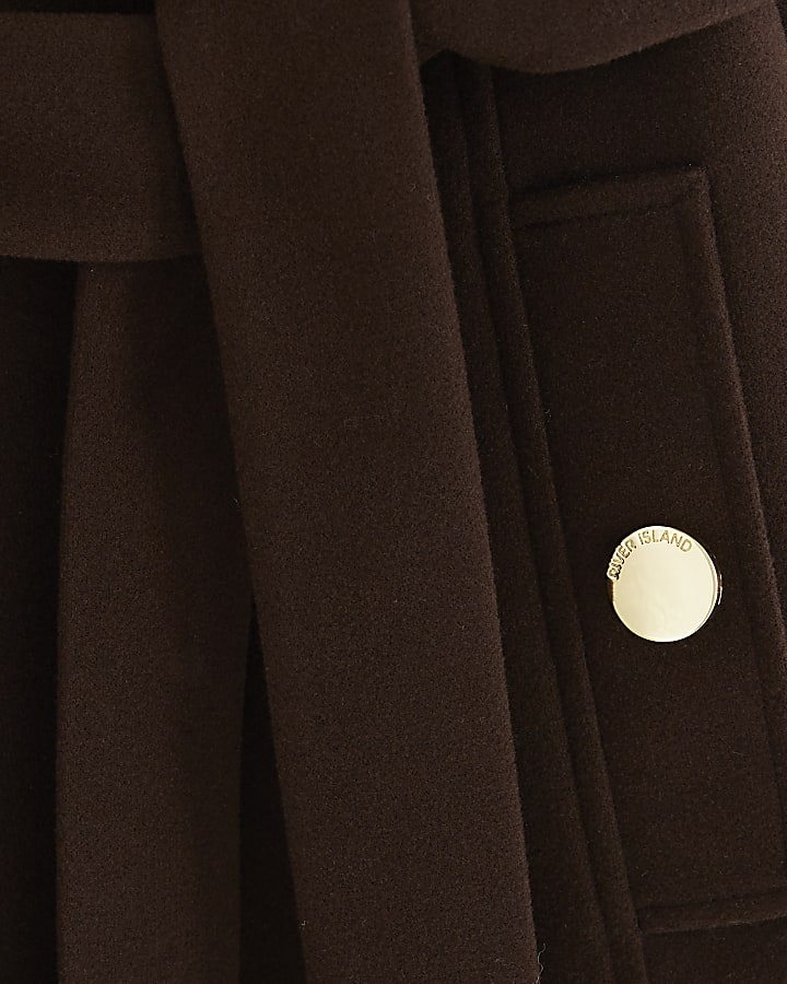 Brown Notch Collar Belted Wrap Coat