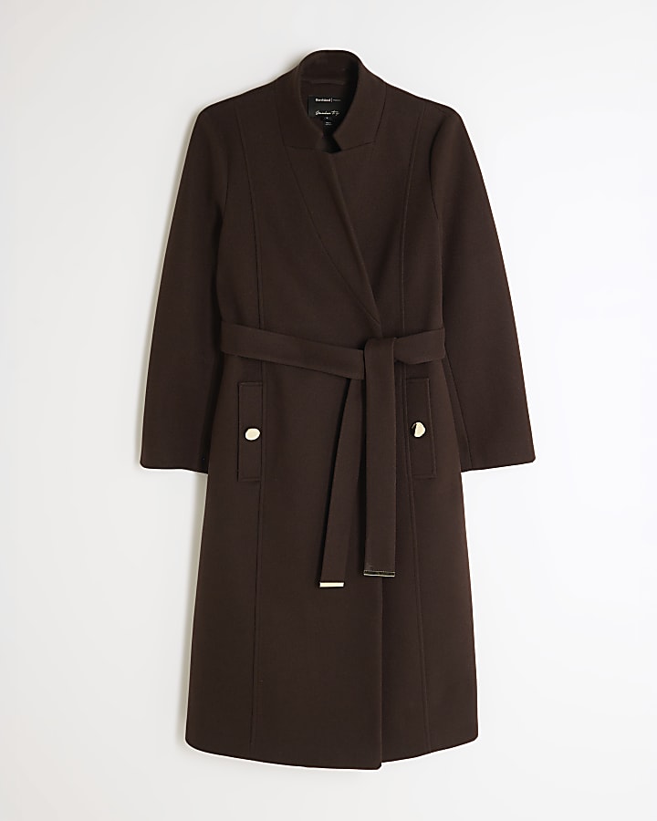 Brown Notch Collar Belted Wrap Coat