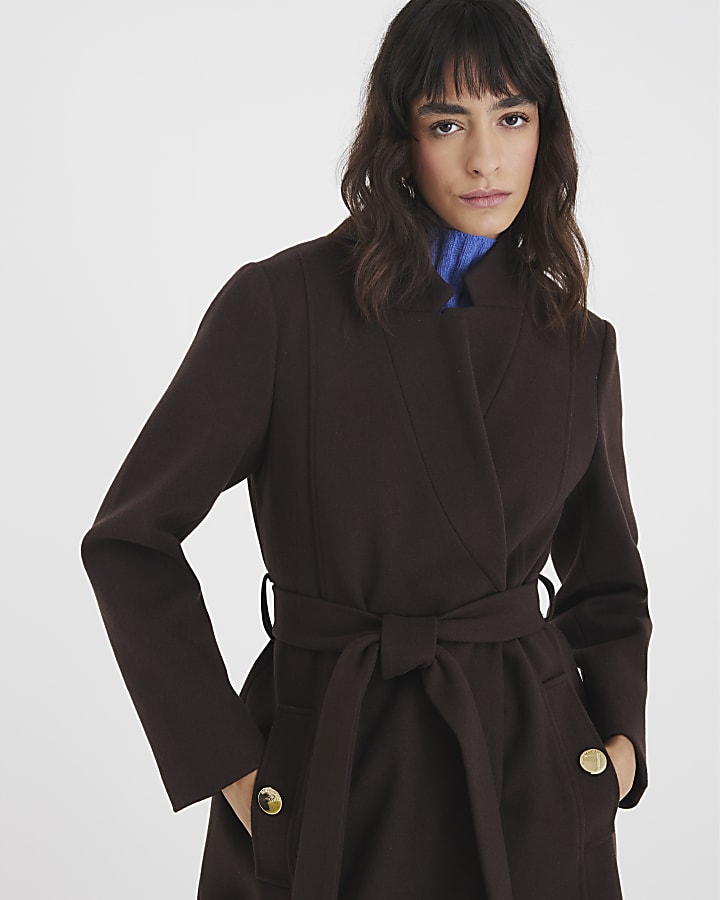 Brown Notch Collar Belted Wrap Coat