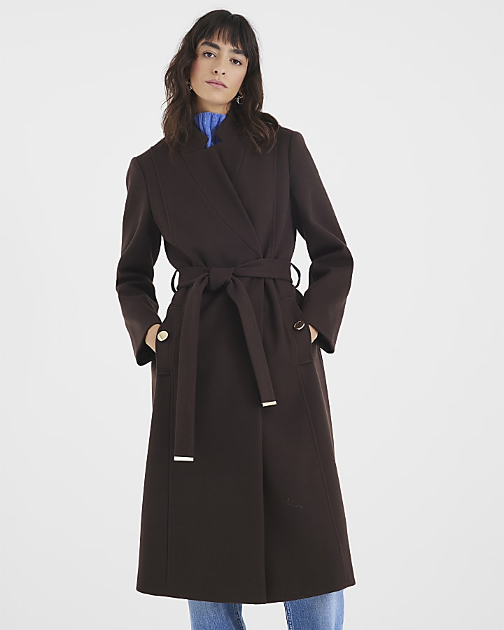Brown Notch Collar Belted Wrap Coat