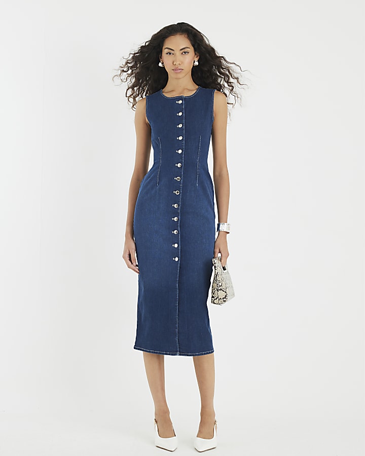 Blue Denim Button Front Midi Dress