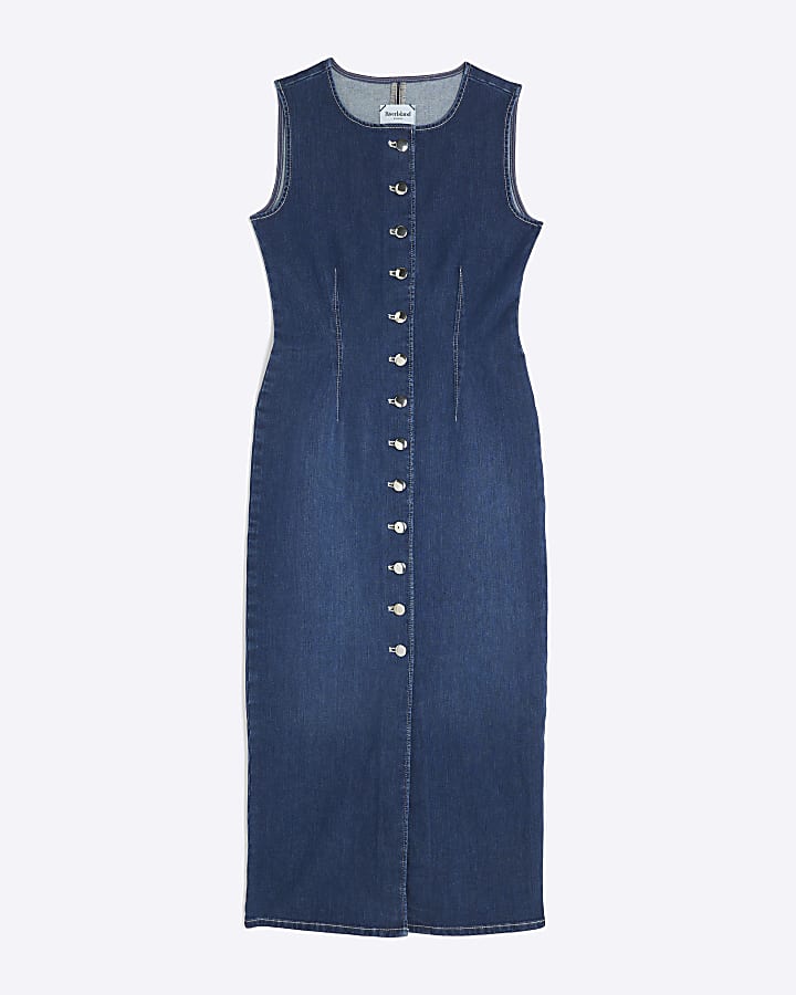 Blue Denim Button Front Midi Dress
