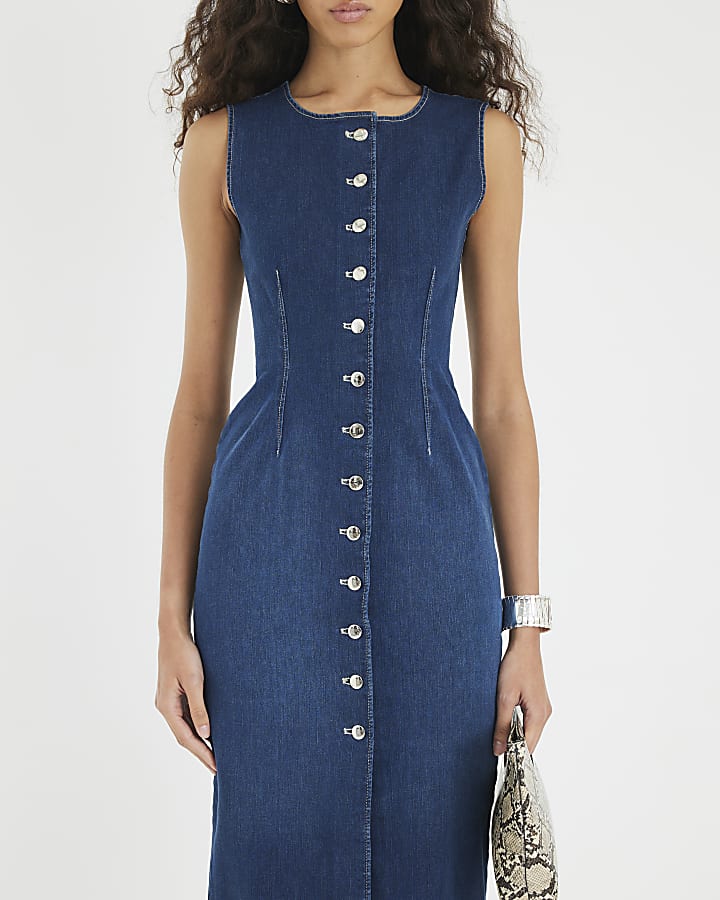 Blue Denim Button Front Midi Dress
