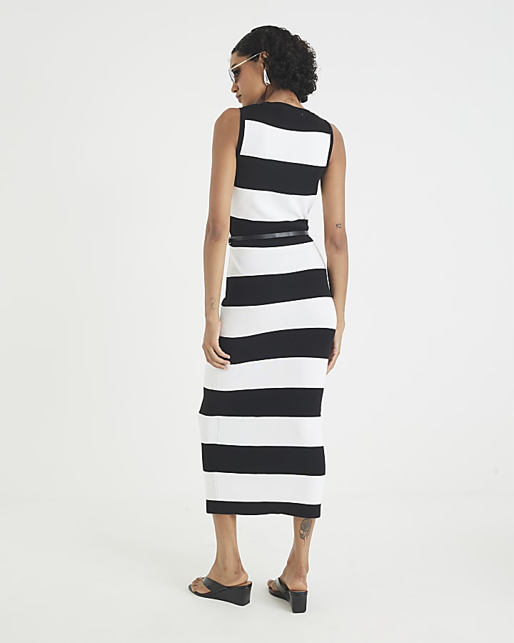 Black Stripe Knitted Belted Column Dress