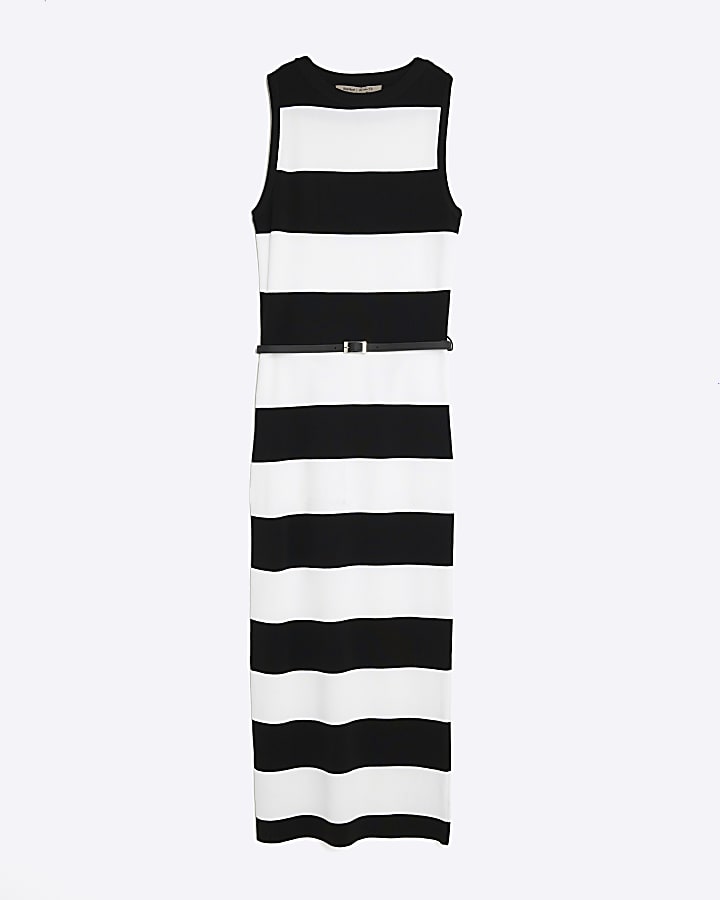 Black Stripe Knitted Belted Column Dress