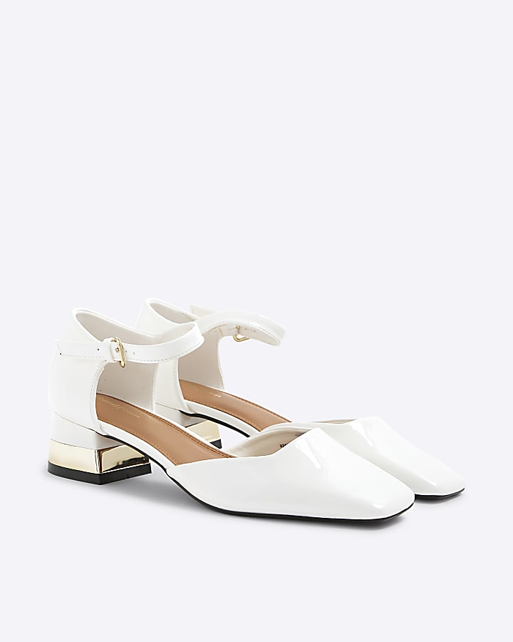 White Patent Low Block Heels
