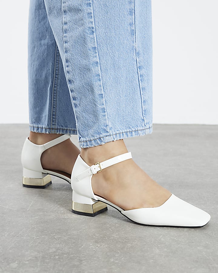 White Patent Low Block Heels
