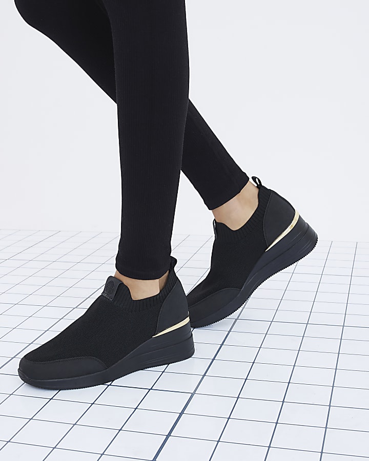Black Wedge Slip On Runner Trainers