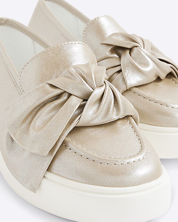 Rose Gold Platform Slip On Bow Loafers