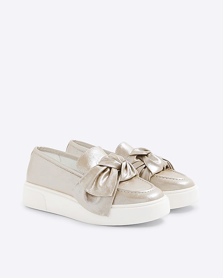 Rose Gold Platform Slip On Bow Loafers