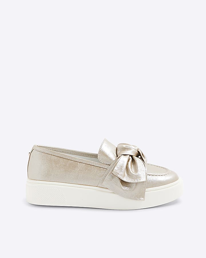 Rose Gold Platform Slip On Bow Loafers