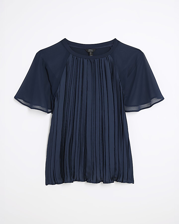 Navy Short Sleeve Pleated Hybrid T-shirt