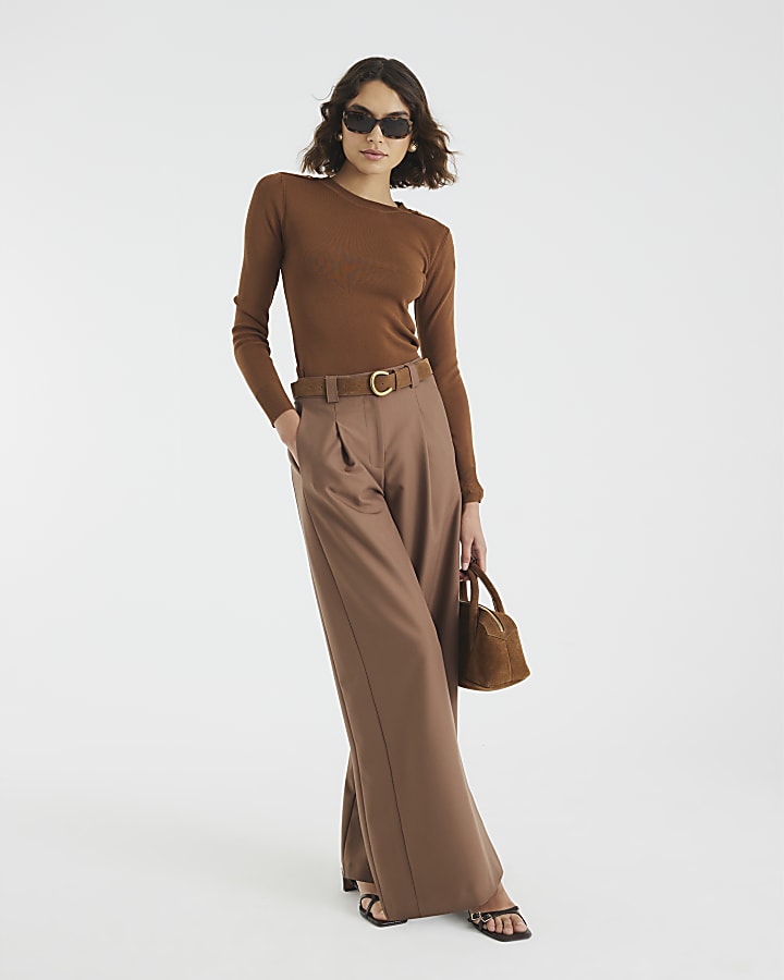 Brown Knit Long Sleeve Top