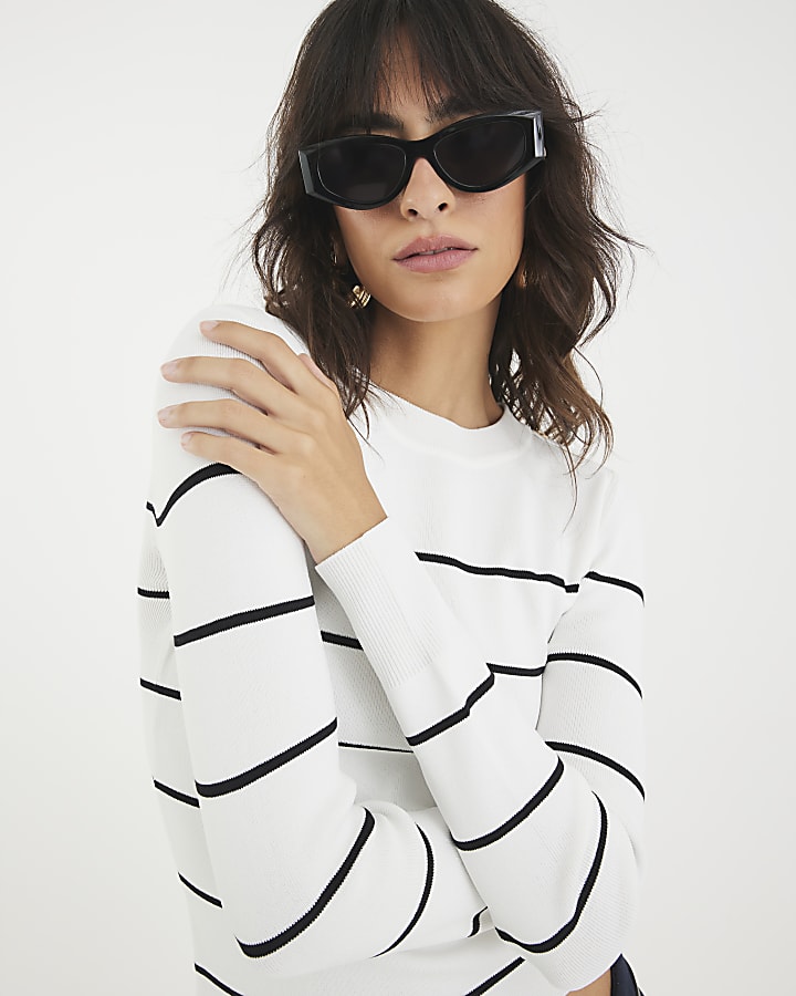 Cream Knit Striped Long sleeve Top