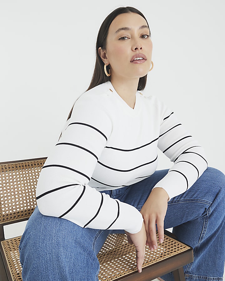 Cream Knit Striped Long sleeve Top