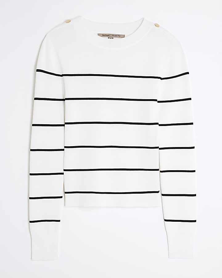 Cream Knit Striped Long sleeve Top
