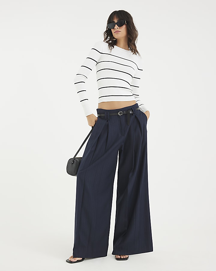 Cream Knit Striped Long sleeve Top
