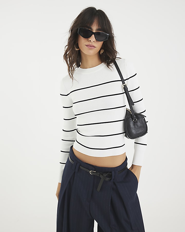 Cream Knit Striped Long sleeve Top