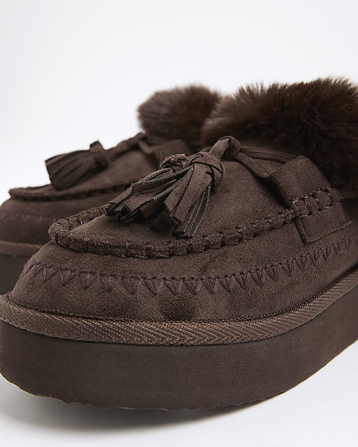 Brown Faux Fur Lined Tassel Mule Slippers