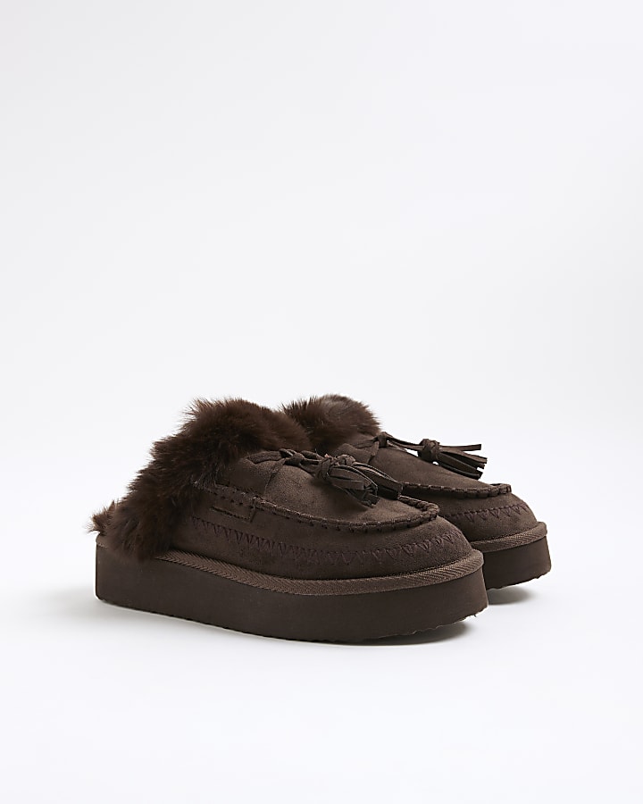 Brown Faux Fur Lined Tassel Mule Slippers